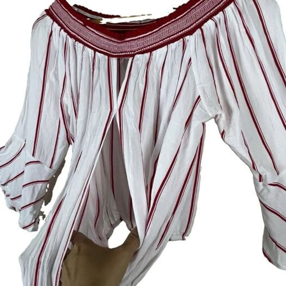 Women’s Off Shoulder Tie Front Smocked Waist Peasant Blouse Red Stripe M - Picture 3 of 10